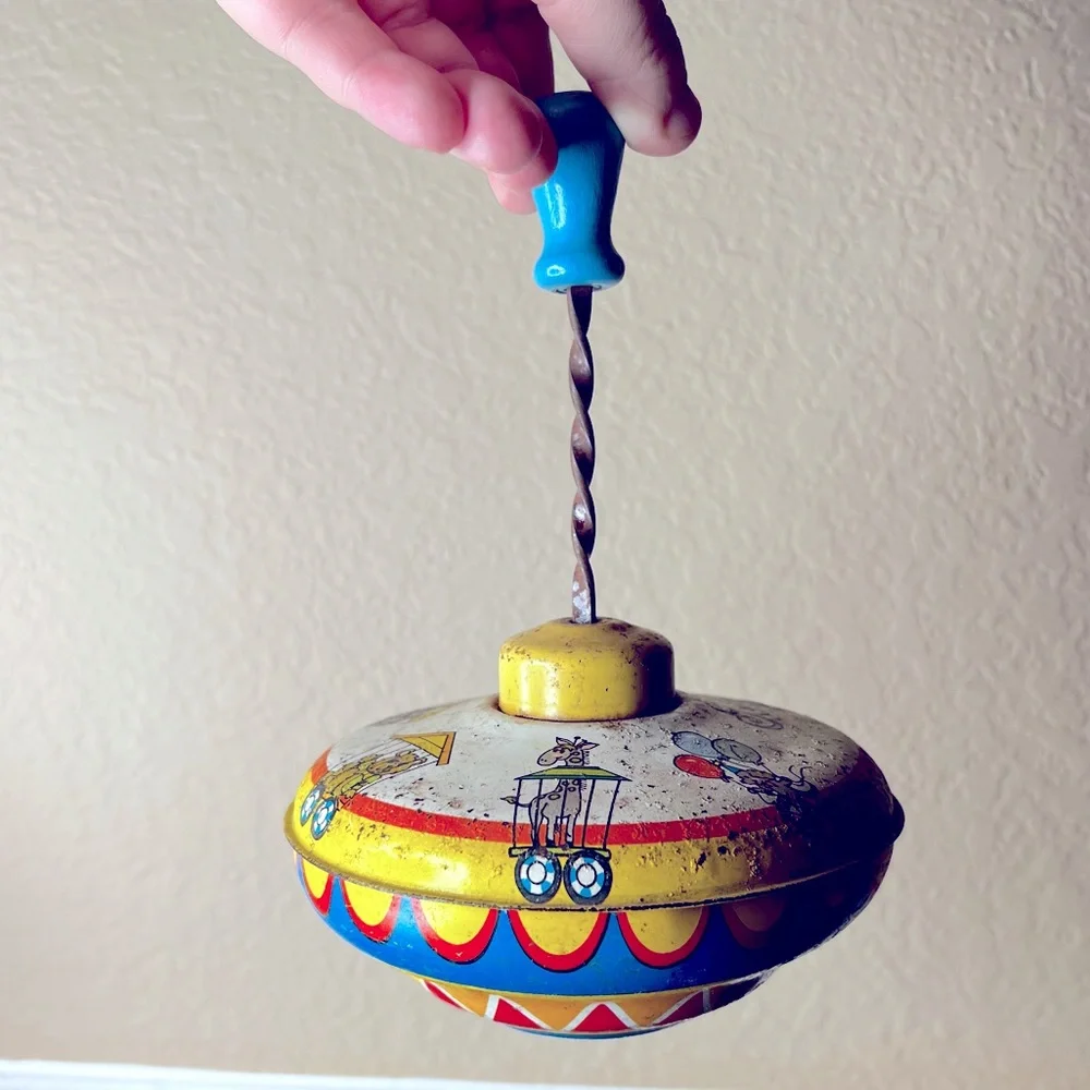 Vintage Tin Litho Spin Top Toy, Lithograph, Circus, Train, 1940s, Vintage Toys